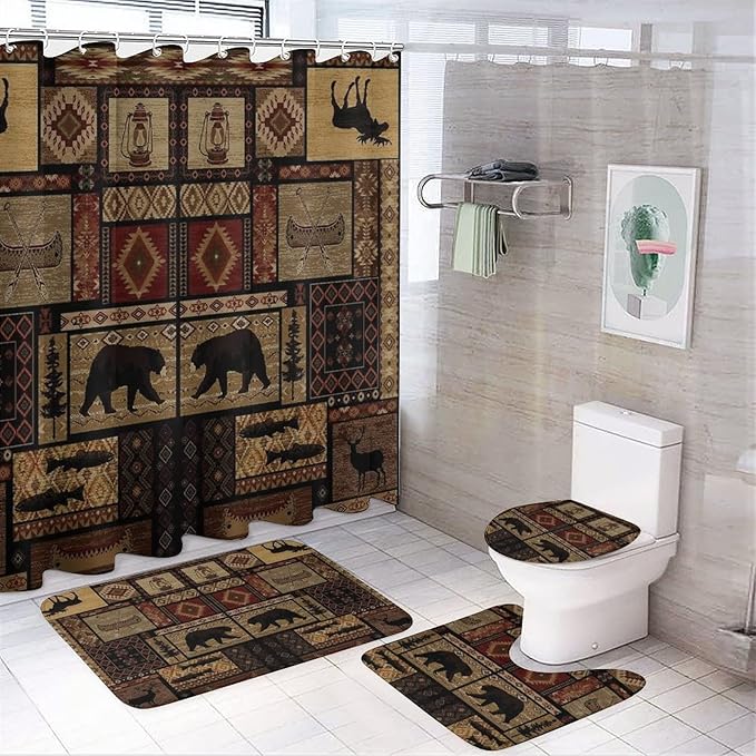 Rustic Bear Tribal 4 Piece Shower Curtain Sets, Non-Slip Rugs, Toilet Lid Cover and Bath Mat, Durable and Waterproof, for Bathroom Decor Set One Size
