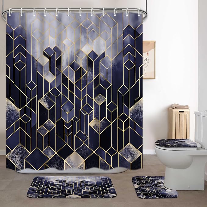 Lnond 4Pcs Bathroom Sets with Shower Curtain and Rugs, Navy Blue Bathroom Shower Curtain Sets, Navy Blue Gradient Modern Bathroom Decor Sets with Rugs and Accessories
