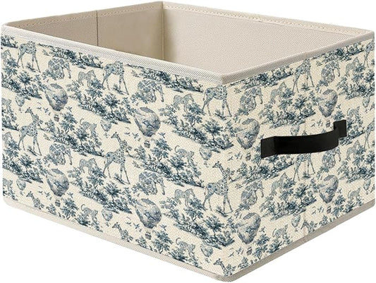 Blue and White Chinoiserie Wildlife Botanical Storage Bin Box with Handles, French Country Toile de Jouy Animal Foldable Organizer Basket Toybox for Home Bedroom Bathroom Clothes Toys Books