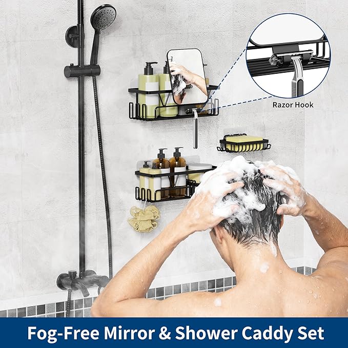 KEGII 4 Pack Adhesive Shower Caddy with Fogless Shower Mirror, Shower Organizer with Soap Holder, Razor Holder & Hooks, No-Drill Rustproof Bathroom Storgae Rack, Black