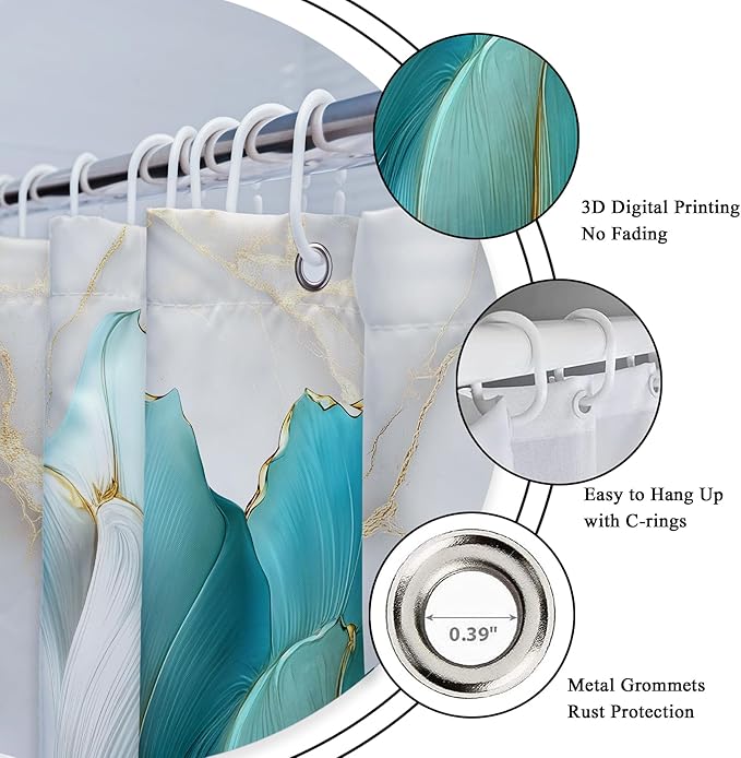 Riyidecor Teal Gold Marble Floral 4Pcs Bathroom Shower Curtain Sets Modern Flower Abstract Bathroom Decor Set with Rugs and Accessories Minimalist Toilet Lid Rug, Contour and Bath Mat with 12 Hooks
