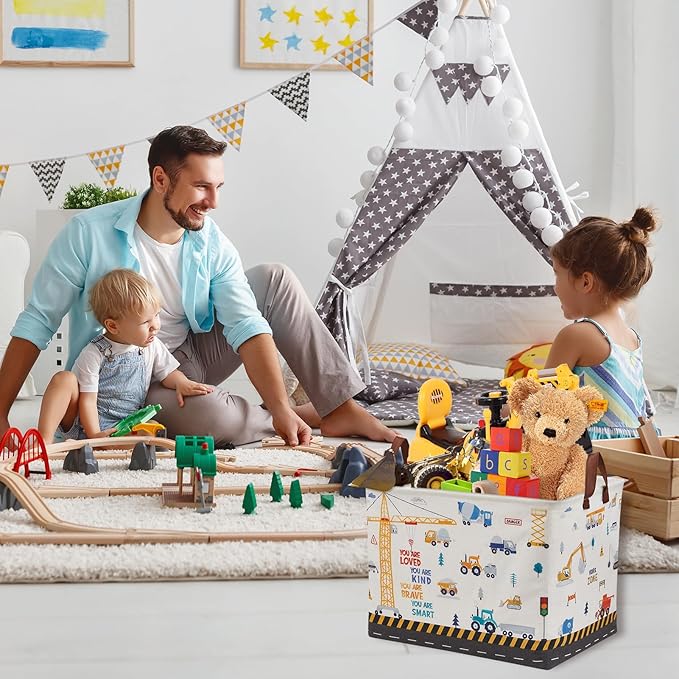 Construction Nursery Decor Hamper Car Baby Gift Basket Transport Trucks Excavators Toy Box Bin Empty Larger Rectangular Kid Clothes Book Shelf Toy Organizer Bin for Baby Boys