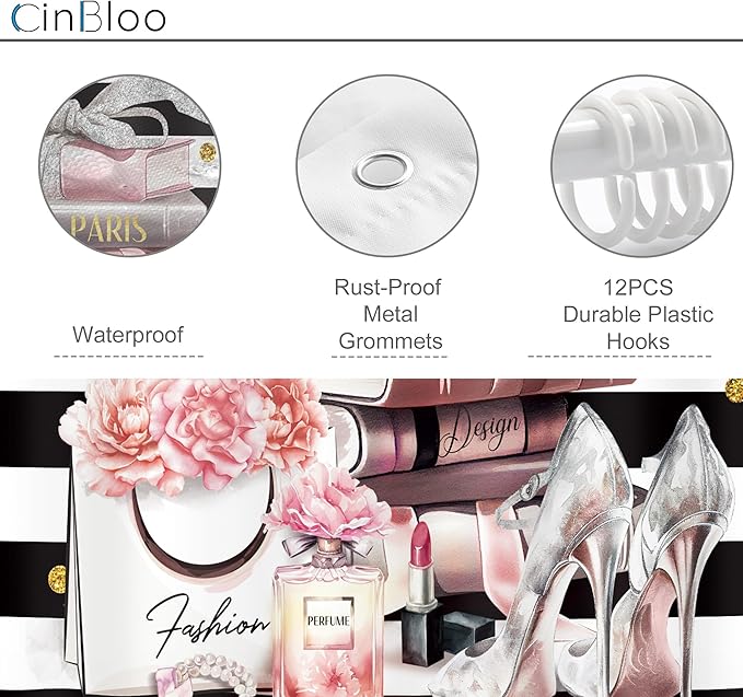 Cinbloo 4Pcs Pink Black Girls Bathroom Sets with Shower Curtain and Rugs, Fashion Flower Perfume Toilet Lid Cover, Bath Mat, Women Girly White Striped High Heels Books Shower Curtain with 12 Hooks