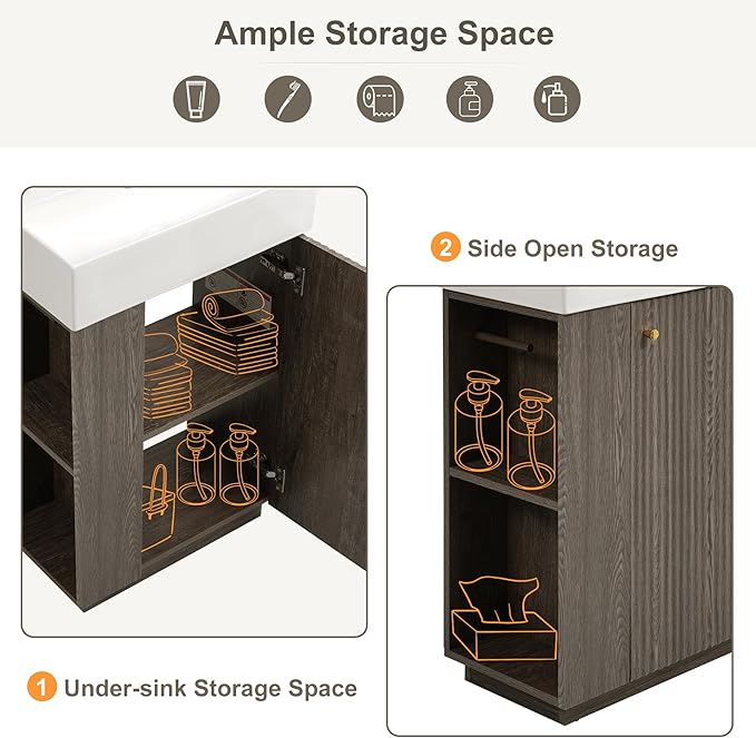 Virubi 21.6" Small Fluted Bathroom Vanity with Sink,Soft Closing Doors and Storage Shelves,Natural Wood Single Bathroom Sink Cabinet Combo Freestanding,Dark Grey