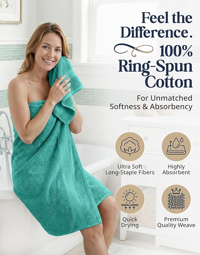 LANE LINEN 100% Cotton Luxury Bathroom Towel Set - 16 Pieces - Ring Spun, Quick Dry, Super Soft & Absorbent - 4 Bath, 8 Washcloths, 4 Hand Towels - Remains Fluffy Even After Multiple Washes - Teal