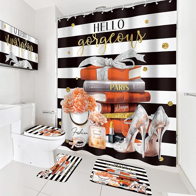 Cinbloo 4Pcs Black and Orange Shower Curtain Set, Burnt Orange Fashion Flower Perfume High Heels Books Bathroom Curtain with Rug, Toilet Lid Cover, Bath Mat, Women Girl Shower Curtain with 12 Hooks