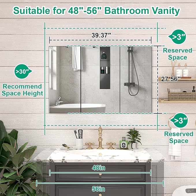 40 x 28 Farmhouse Medicine Cabinet, Tempered Frameless Bathroom Mirror with Storage, Black Recessed or Surface Mount Aluminum Medicine Cabinet for Bathroom Modern-Large