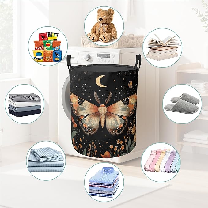Starry Night Moths Butterfly Round Laundry Basket Collapsible Laundry Hamper with Handles Toys Clothes Organizer Bin For Home Bathroom Bedroom Dorm Nursery