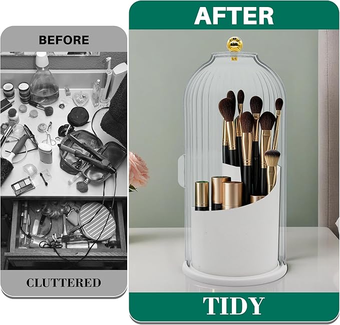 Makeup Brush Holder with Lid Cosmetic Tools Organizer 360 Rotating Waterproof Dustproof Make Up Brushes Storage for Vanity Bathroom Countertop