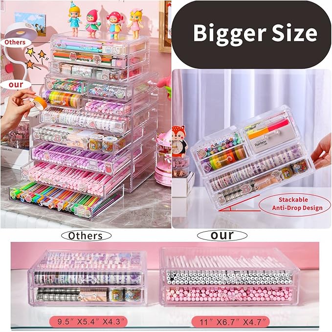 Cq acrylic 2 Pack Clear Stackable Storage Drawers for Vanity,Stackable 6 Drawers Desktop Organizer With Drawers,Cute Desk Storage for Office,Jewelry,Hair Clip,Beauty,Skincare and Make Up Organizers