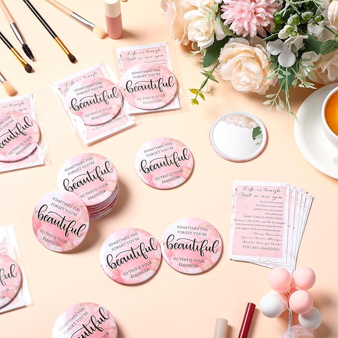 Cinnvoice 25 Sets Pink Inspirational Mini Compact Mirror Bulk for Women Small Portable Round Purse Mirrors Employee Appreciation Gift for Graduation Party Favors Coworker Nurse (Beautiful)
