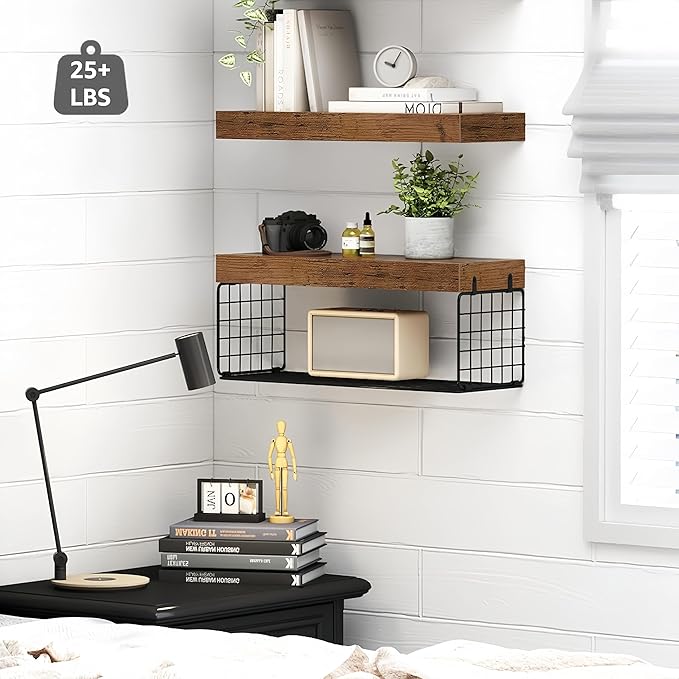 Bathroom Shelves Over Toilet - Heavy Duty Storage Rack, 25+ lbs Weight Capacity, Minimalist Design Wall Mounted Floating Shelves Toilet Paper Storage Farmhouse Decor Shelf 16 inch (Brown, General, 2)