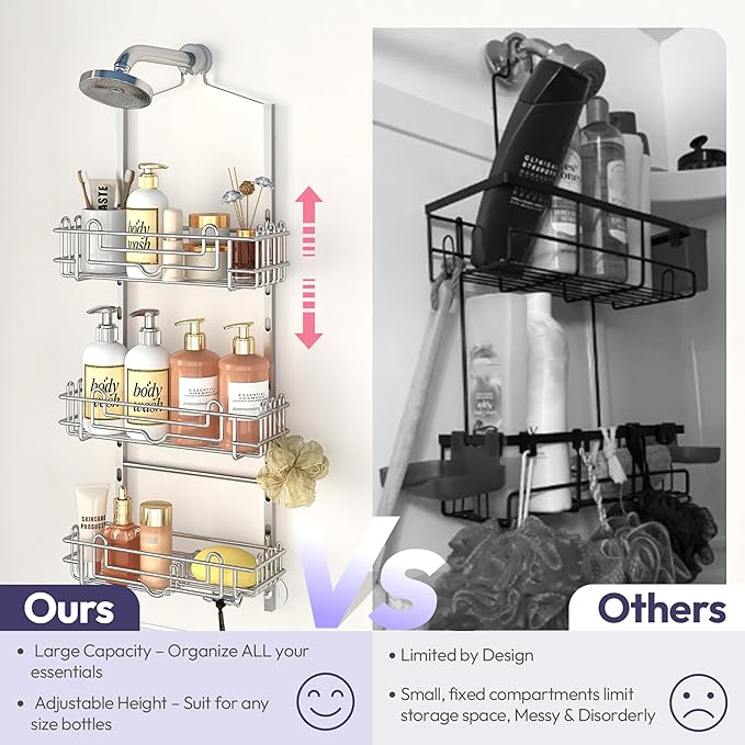 SWTYMIKI Shower Caddy Hanging Organizer - 3-Tier Rustproof Shower Organizer Over Showerhead with Adjustable Baskets, 24 Hooks, Soap & Razor Holder - No Drill Large Bathroom Storage Rack, Silver