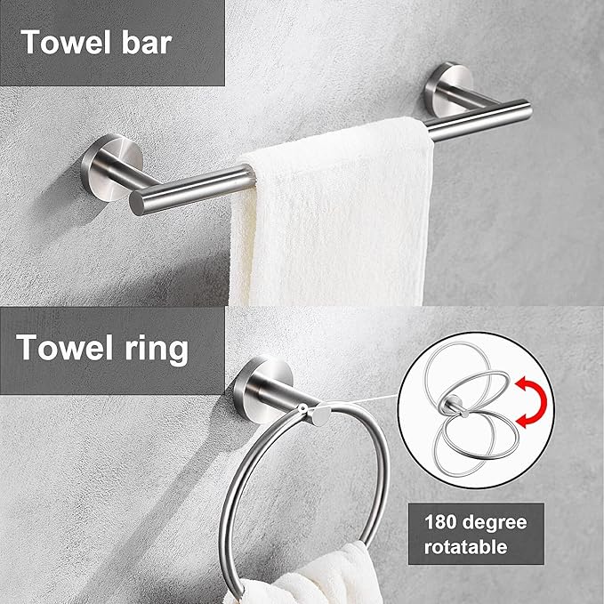 5 Pieces Brushed Nickel Bathroom Hardware Set Include 16inch Towel Bar,2pcsTowel Hooks,Toilet Paper Holder,Hand Towel Ring Round SUS304 Stainless Steel Bathroom Accessories Set Heavy Duty Wall Mounted
