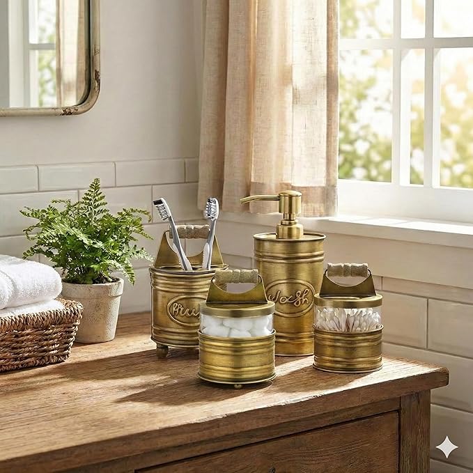 Autumn Alley Rustic Bathroom Accessories Set Vintage Brass Farmhouse Soap Dispenser, Antique Brass Toothbrush Holder, 2 Apothecary Jars Qtip Holder Glass - Rustic Bathroom Decor, Bathroom Accessories
