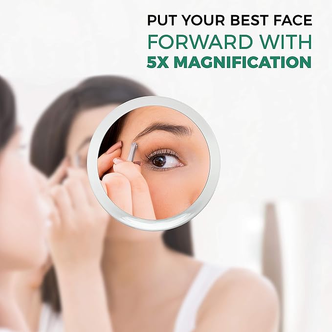 DBTech Large 10-Inch Suction Cup 5X Magnifying Mirror with Precision Tweezers w/Rubberized Grips, Triple Suction Cups for Lasting Hold on Most Flat Surfaces