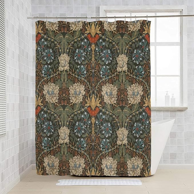 Retro Flower Shower Curtains William Morris Vintage Country Boho Flower Art Print Shower Curtains 72""×84"" Inch, Style-1