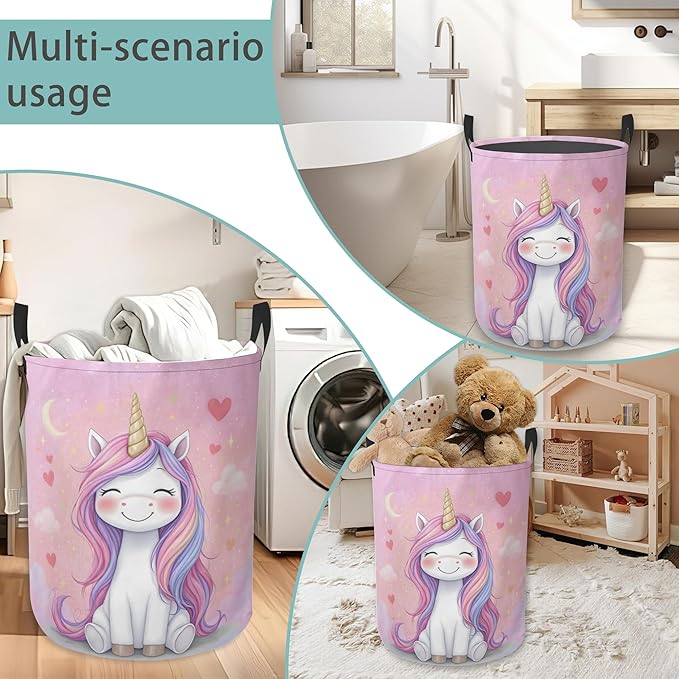 Pink Unicorn Laundry Basket With Handles Tote Bag Oxford Cloth Funny Laundry Hamper Clothes Storage Bucket Toy Organizer 16" X 20.8"For Bathroom/Laundry/Bedroom