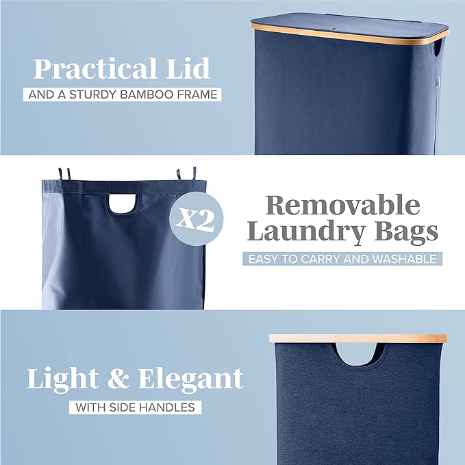 LONBET Laundry Basket with Lid, Made from Breathable Fabric | Aesthetic Clothes Hampers for Laundry with Side Handles & Sturdy Bamboo Frame (40 Gallons - Double, Blue)
