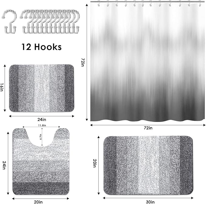 Britimes Grey Stripes Bathroom Sets with Shower Curtain and Rugs, Ombre Modern Abstract Vintage Waterproof Shower Curtain Liner and Soft Non Slip Bath Mat for Bathroom Decor and Accessories Hooks