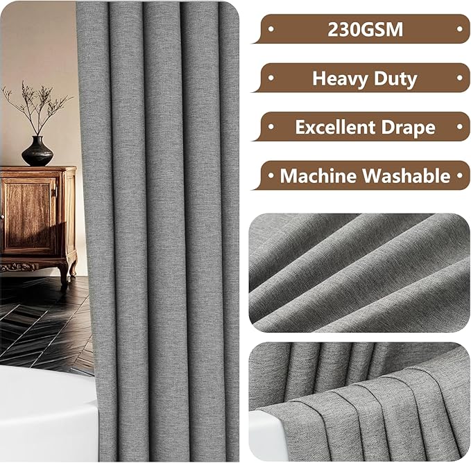 Linen Look Country Rustic Fabric Shower Curtain Grey, Heavy Duty Faux Linen Textured Shower Curtain Water-Resistant, 72 x 72 Inch Natural Gray Hotel Bathroom Shower Curtains Machine Washable