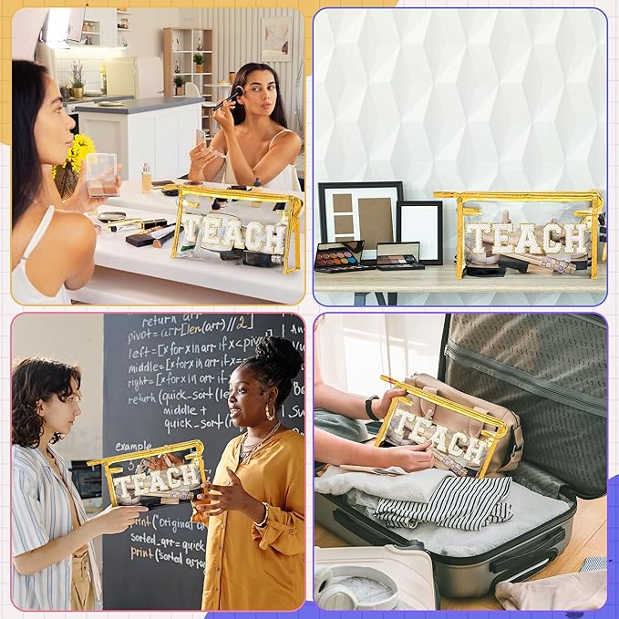 CY2SIDE TEACH Clear Makeup Bag - White TEACH Letter Patch Cosmetic Bag with Handle for Travel PVC Zipper Clear Toiletries Waterproof Portable Travel Organizer Teacher Appreciation Gifts, Gold