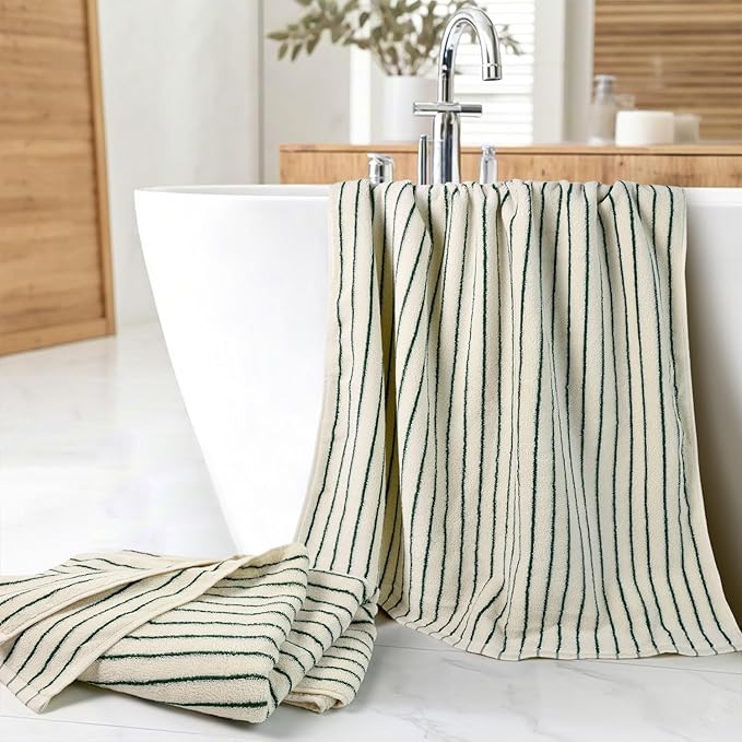 Jacquotha Green Striped Bath Towels Set of 2, Lighter & Quick Dry Towels Large 27.5 x 55 inches, Farmhouse for Bathroom Decor, Shower, Pool Days