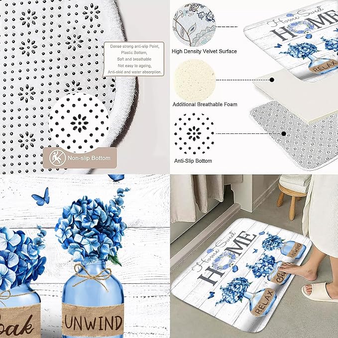 ALEXEX 4 PCS Blue Hydrangea Shower Curtain Sets,Home Sweet Bathroom Set with Shower Curtain and Rugs and Accessories,Farmhouse Country Shower Curtain Bathroom Decor with 12 Hooks,72 X 72 Inches