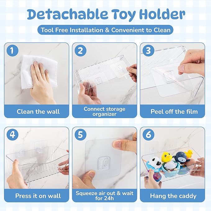 Imncya Bath Toy Storage Clear, Bathtub Toy Storage Organizer, large Capacity Bathtub Shower Caddy, No Drilling Quick-Dry Drainable, Plastic Bath Toy Holder for Bathroom (2 Pack)