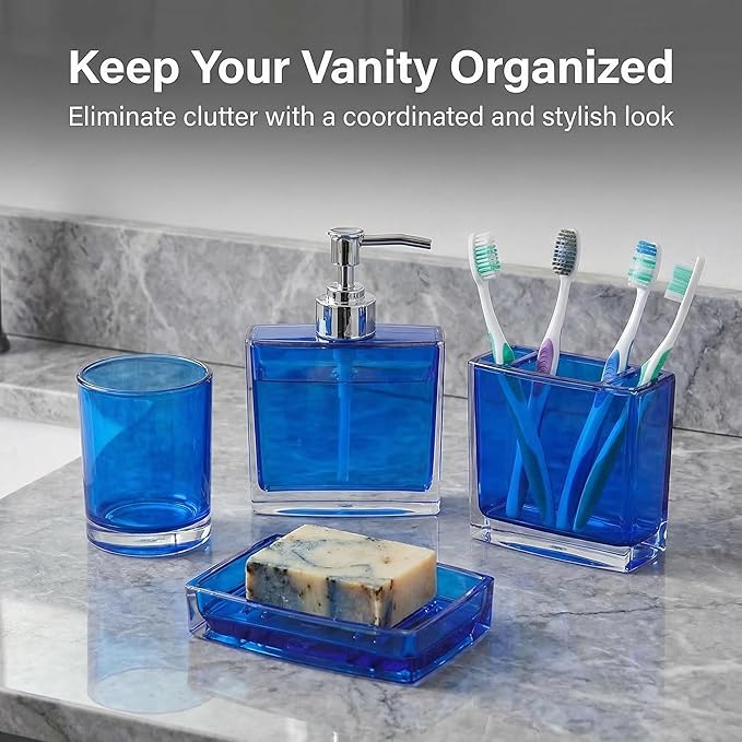 Bathroom Accessories Set, Acrylic Bathroom Accessory Set with Soap Dispenser,Soap Dish, Toothbrush Holder, Tumbler, Modern Bathroom Accessories Decor,Gift for Home (Blue-4)