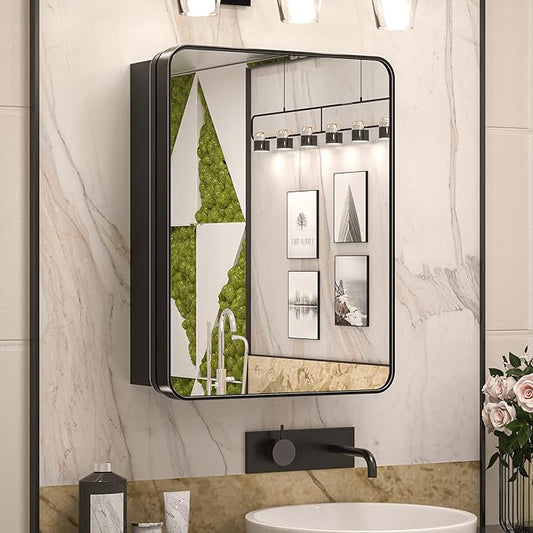 Keonjinn 20 x 26 Inch Black Recessed Medicine Cabinets, Bathroom Mirrored Medicine Cabinet, Black Stainless Steel Framed, Stepless Adjustable Shelves, in Wall or Surface Mount, DTC Hinge