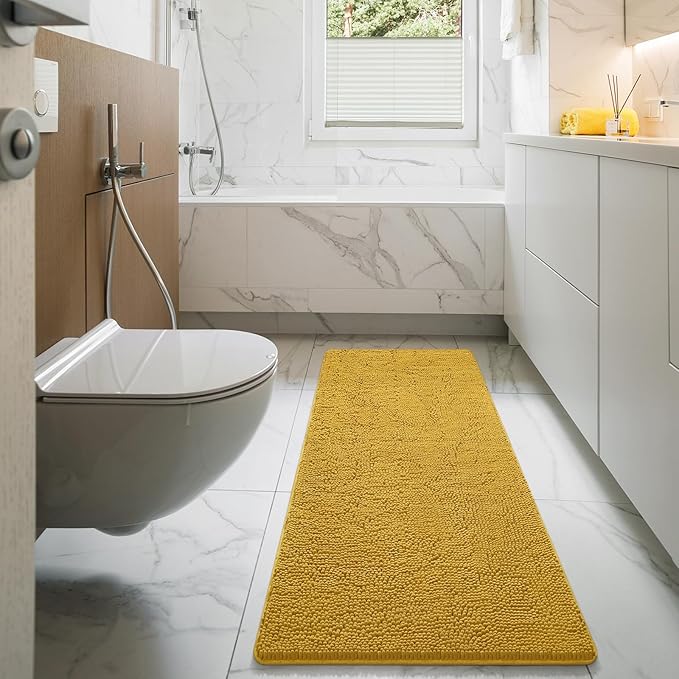 LOCHAS Luxury Bathroom Rug Shaggy Bath Mat 24 x 60 Inch, Washable Non Slip Bath Rugs for Bathroom Shower, Soft Plush Chenille Absorbent Carpets Mats, Yellow