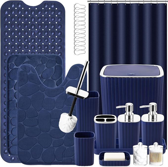 XLHOMO 26PC Bathroom Accessories Set - Gorgeous Blue Bathroom Set, Bathroom Accessory Set, Blue Shower Curtain Set with Bathtub Mats for Shower Tub