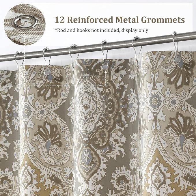 Waterproof Shower Curtain, Beige Grey Boho Paisley Damask Pattern Fabric Bath Curtain for Bathroom，54" W x 72" H