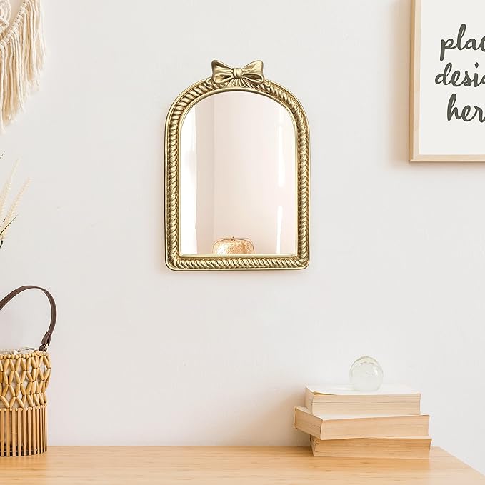 Gold Bow Resin Frame Mirror, Dual-Use Tabletop & Wall Mounted Vanity Mirror for Bedroom Living Room Decor