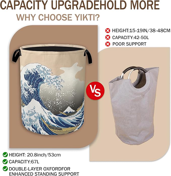Laundry Hamper,Vintage Sea Wave Laundry Basket,Japanese Portable Collapsible Laundry Room Organization Storage for Dorm Room,Nursery,Bathroom,Bedroom,16x20 Inch