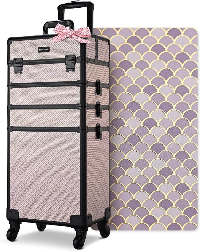 BYOOTIQUE 4in1 Rolling Makeup Case Large Cosmetology Case on Wheels,Easy Access Cosmetic Organizer Travel Case for Makeup Artist Hairstylist,Art Deco Graphite