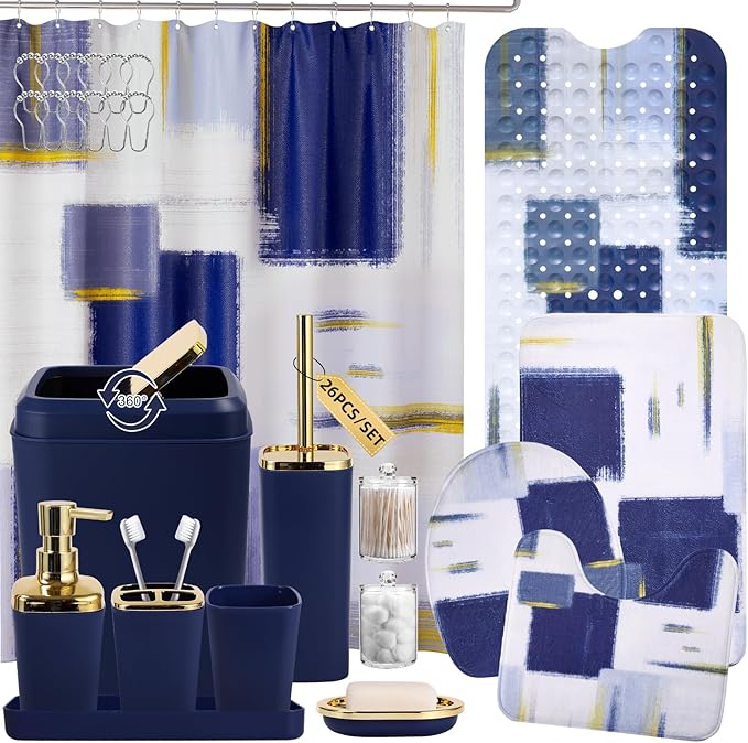 XLHOMO Bathroom Accessories Set - 26PCS Navy Blue Bathroom Set, Bathroom Accessory Set with Shower Curtain and Rugs and Bathtub Mats for Home