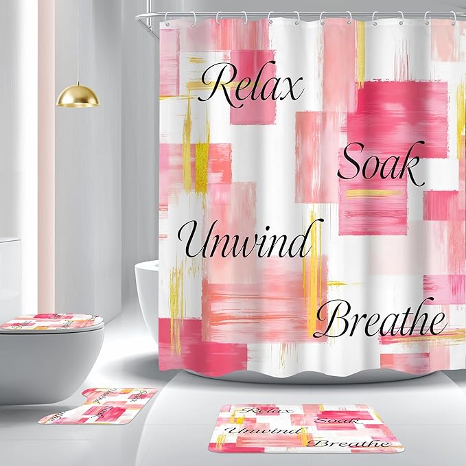 Cinbloo 4Pcs Pink Gold Shower Curtain Set,Modern Abstract Words Ombre Blush Oil Painting Girls Simple Bathroom Curtain with Rug, Toilet Lid Cover, Bath Mat,Minimalist Shower Curtain with 12 Hooks