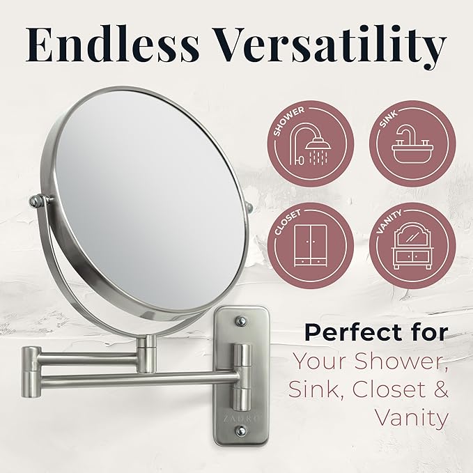 Zadro 7" Wall Mounted Wardrobe, Vanity Makeup Mirror with Magnification & Extending Arm (Large | 12.25" x 12" | 8X/1X, Black)