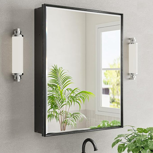 24x30 Pre-Assembled Black Medicine Cabinet with Mirror, Surface or Recessed Medicine Cabinet Mirror for Bathroom, Aluminum Beveled Frame Bathroom Vanity Mirror with Adjustable Shelves Storage