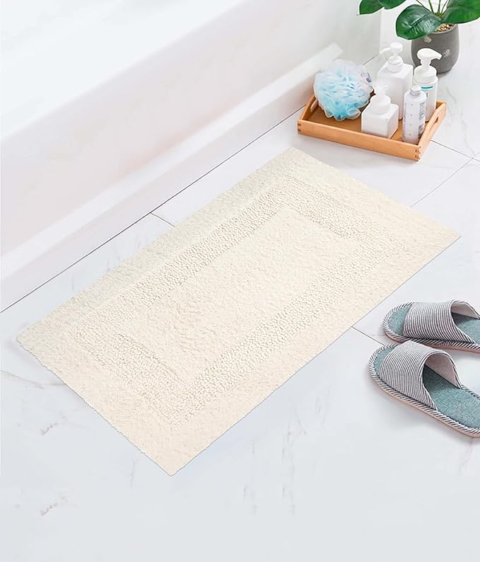 COTTON CRAFT Luxurious Bath Mat Rug - Set of 2 Reversible Heavyweight Step Out Bath Mats for Bathroom Floor, Tub and Shower - Pure Cotton Soft Plush Absorbent Tufted Racetrack Mat - 17 x 24 in - Ivory