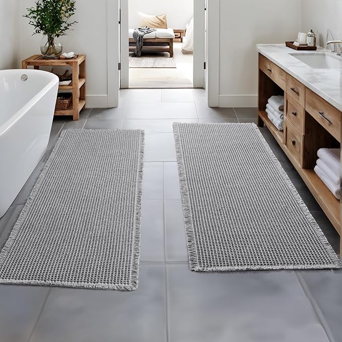 MIULEE Set of 2 Waffle Bathroom Runner Rugs, Boho Bath Rugs Non Slip Washable, Super Absorbent Runner Bath Mats, Rubber Backed, Ideal for Hallway Laundry Room, Light Grey, 2'x5'(24x60 Inch)