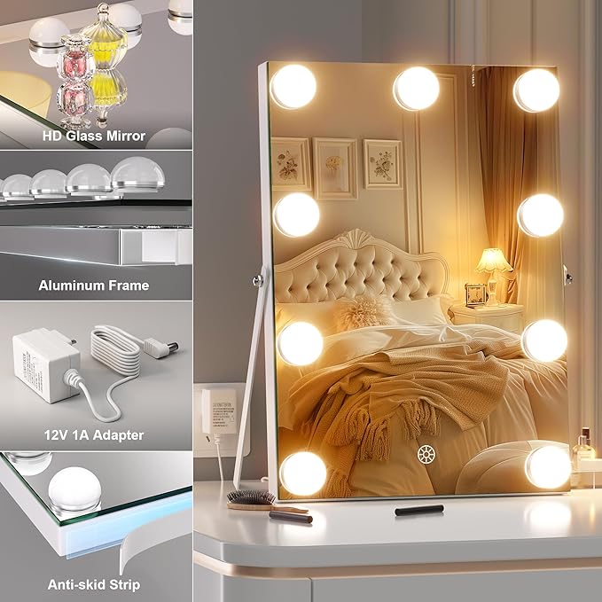 Hasipu Vanity Mirror with Lights, 9.8" x 13.8" Hollywood Mirror with 9 Dimmable Bulbs,Smart Touch 3 Color Modes, 360° Rotation, White
