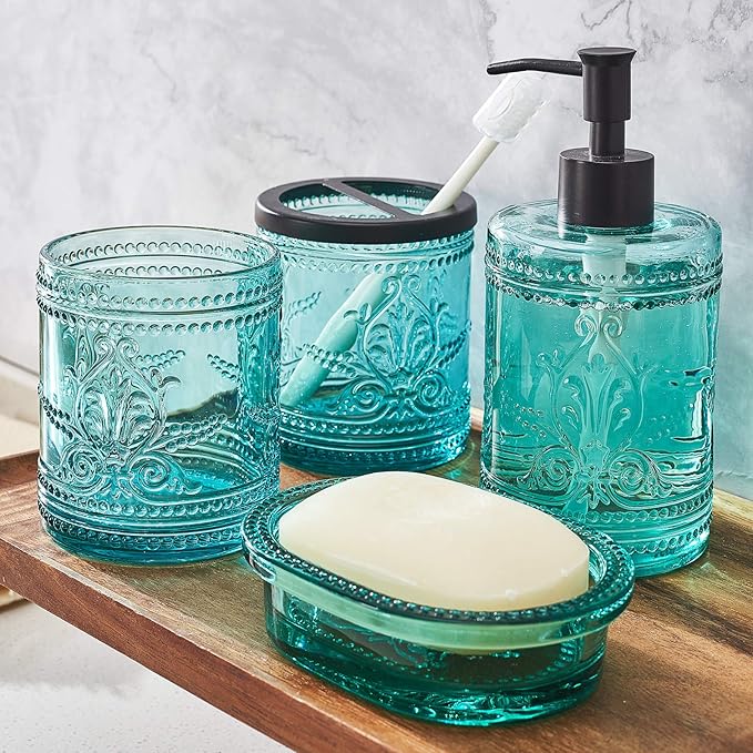 4PCs Teal Blue Glass Bathroom Accessories Set with Decorative Pressed Pattern - Includes Hand Soap Dispenser & Tumbler & Soap Dish & Toothbrush Holder (Bathroom Accessories Blue)