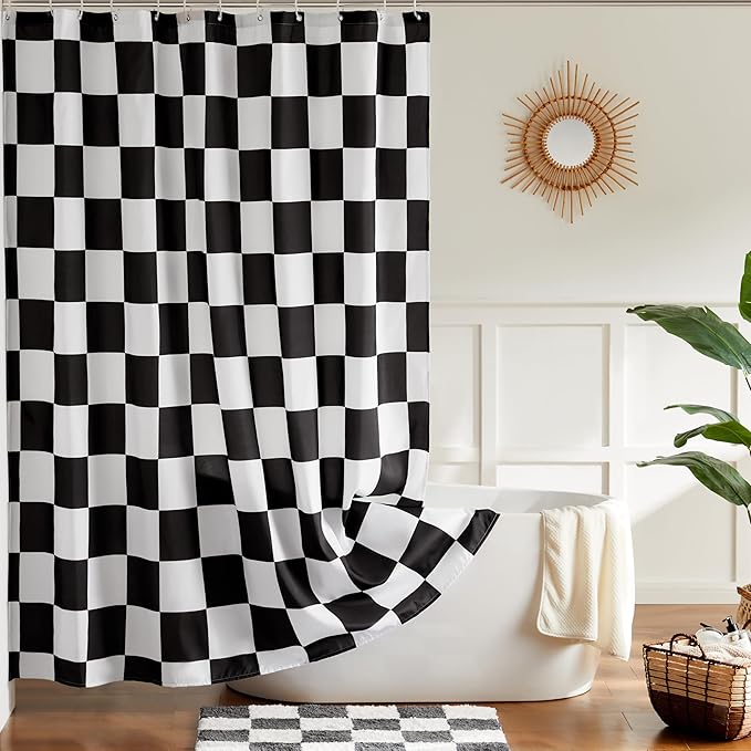Checkered Shower Curtain, Black and White Shower Curtains for Bathroom, Cute Retro Checkboard Shower Curtain Vintage Aesthetic, Washable Fabric Bath Curtain 72''x72''