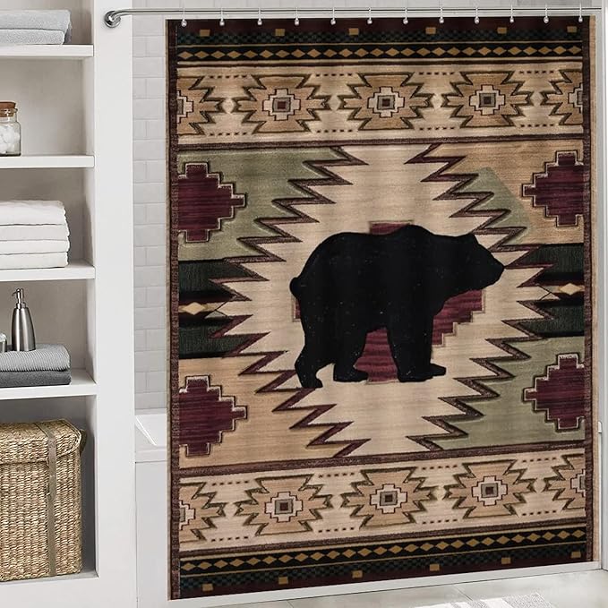 Rustic Black Bear Shower Curtain Sets with Rugs 4 Piece Accessories Bathroom Curtains Shower Set Include Shower Curtain Non-Slip Rug Toilet Lid Cover Bath Mat One Size
