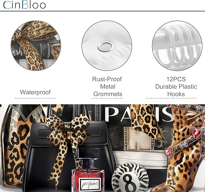 Cinbloo 4Pcs Brown Leopard Shower Curtain Set, Cheetah Bathroom Curtain with Rug, Toilet Lid Cover, Bath Mat, Fashion Luxury Magazine Books Perfume High Heels Girly Shower Curtain with 12 Hooks
