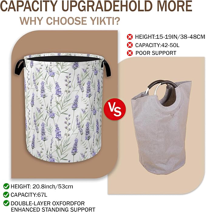 Collapsible Laundry Basket,Purple Lavender Flower Dirty Clothes Hamper,Rustic Spring Floral Hampers for Bedroom Waterproof Oxford Cloth Storage Organizer for Bathroom,Nursery,Dorm,16x20 Inch