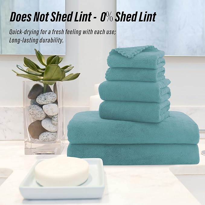 MOONQUEEN Ultra Soft Towel Set-Quick Drying - 2 Bath Towels 2 Hand Towels 2 Washcloths-Microfiber Coral Velvet Highly Absorbent Towel for Bath Fitness,Bathroom,Sports,Yoga, Travel(Teal, 6 Pcs)